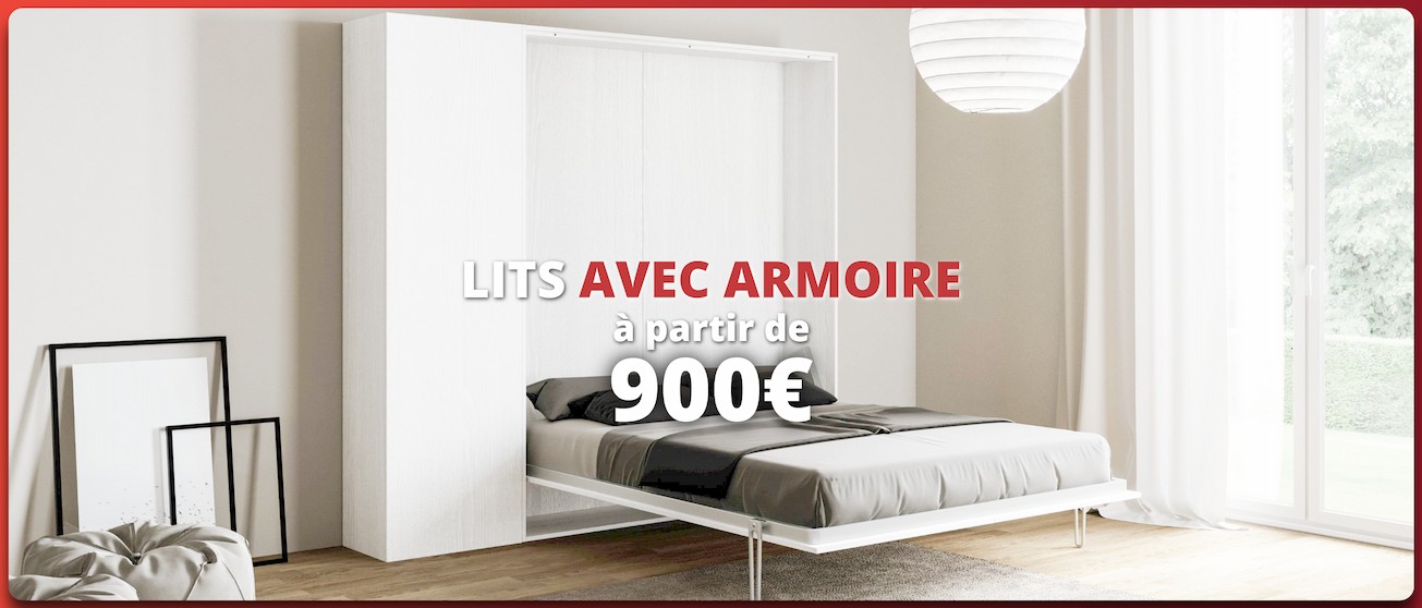 Chambre moderne avec lit escamotable intégré à l’armoire, promo « Lits avec armoire dès 900 € ».