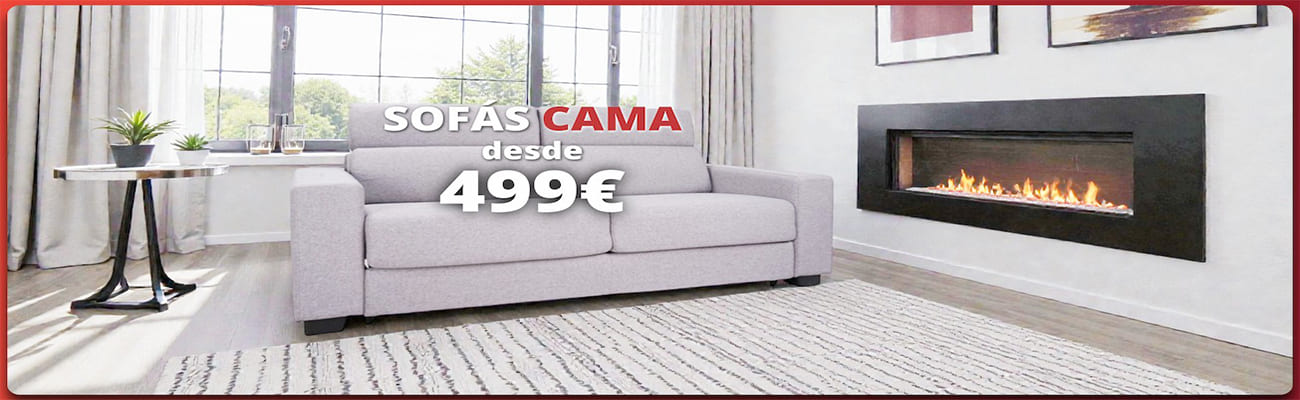 Salón moderno con sofá cama y chimenea mural, promo “Sofás cama desde 499 €”.