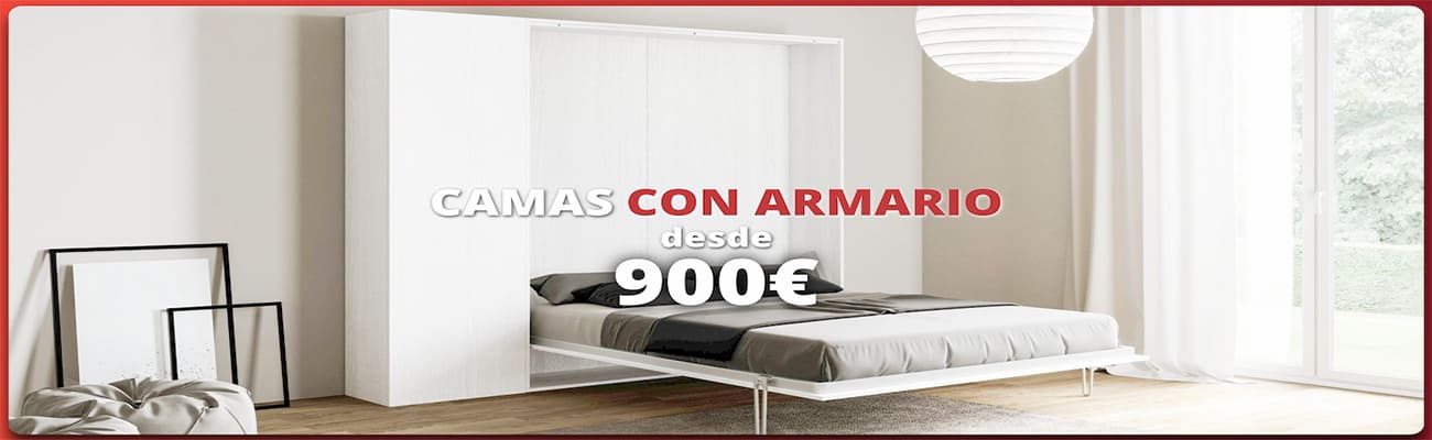 Dormitorio moderno con cama abatible integrada en el armario, promo “Camas con armario desde 900 €”.