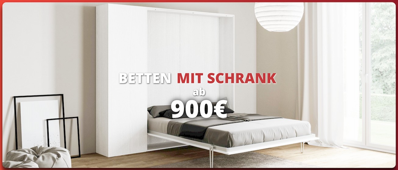 Modernes Zimmer mit klappbarem Bett im Schrank, Promo „Betten mit Schrank ab 900 €“.