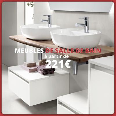 Salle de bain moderne avec double vasque blanche et meubles bas. Texte : « Meubles de salle de bain à partir de 221 € ».