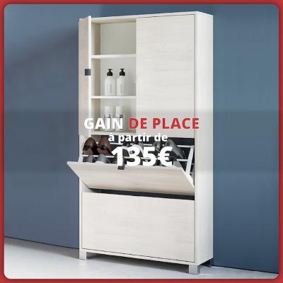 Meuble de rangement gain de place avec étagères et compartiment bas rabattable. Texte : « Gain de place à partir de 135 € »