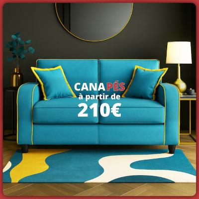 Canapé moderne turquoise avec coussins assortis dans un salon contemporain. Texte : « Canapés à partir de 210 € ».