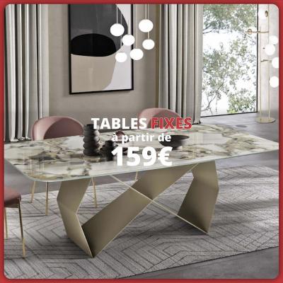 Salle à manger moderne avec table fixe en verre et chaises roses. Texte : « Tables fixes à partir de 159 € ».