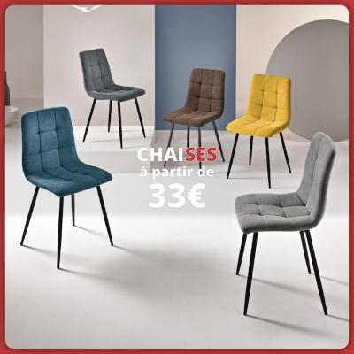 Chaises modernes rembourrées de différentes couleurs avec pieds métalliques noirs. Texte : « Chaises à partir de 33 € ».
