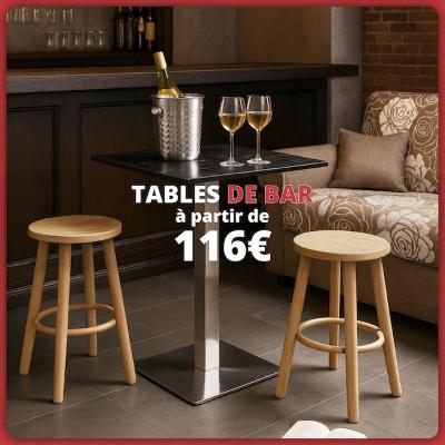 Table de bar moderne avec deux tabourets en bois et seau à vin. Texte : « Tables de bar à partir de 116 € ».