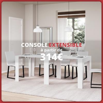 Console extensible blanche avec chaises assorties dans une salle à manger moderne. Texte : « Console extensible à partir de 314 € ».