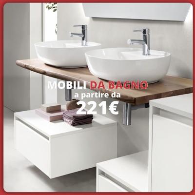 Mobile da bagno moderno con doppio lavabo in ceramica. «Mobili da bagno a partire da 221€».