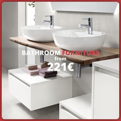 Modern bathroom cabinet with double ceramic sink, wooden countertop and white storage units in a bright interior. Text: “Bathroom furniture from €221”.