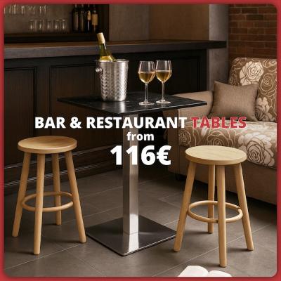 Modern bar table with wooden stools and wine bucket. Text: “Bar tables from €116”.