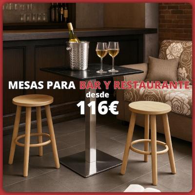 Mesa de bar moderna con taburetes de madera y cubitera de vino. Texto: « Mesas de bar desde 116 € ».