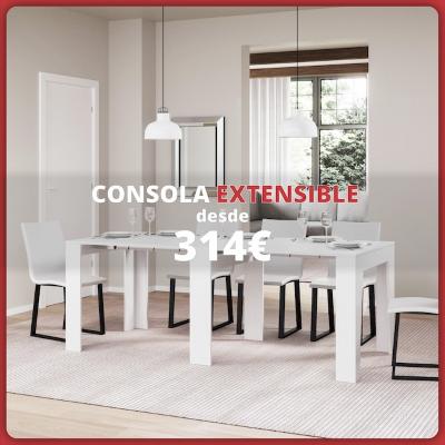 Consola extensible blanca con sillas a juego en un comedor moderno. Texto: « Consolas extensibles desde 314 € ».