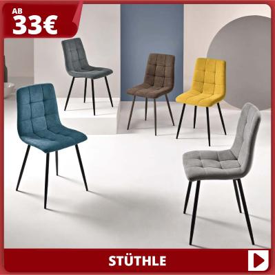 Moderne gepolsterte Stühle in verschiedenen Farben mit schwarzen Metallbeinen. Text: «Stühle ab 33 €».