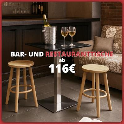 Moderner Bartisch mit Holzhockern und Weinkühler. Text: «Bartische ab 116 €».