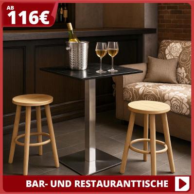 Moderner Bartisch mit Holzhockern und Weinkühler. Text: «Bartische ab 116 €».