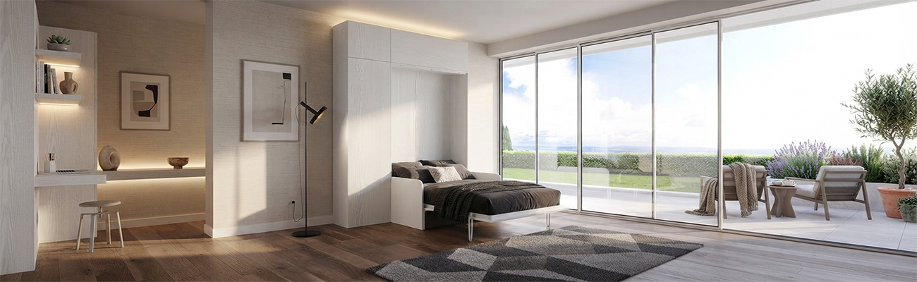 Camera moderna con letto a scomparsa integrato nell’armadio, promo “Letti con armadio a partire da 900 €”.