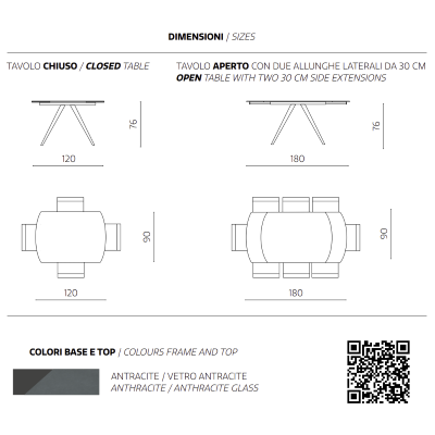 Extendable table 180 cm ACHILLE anthracite glass top
