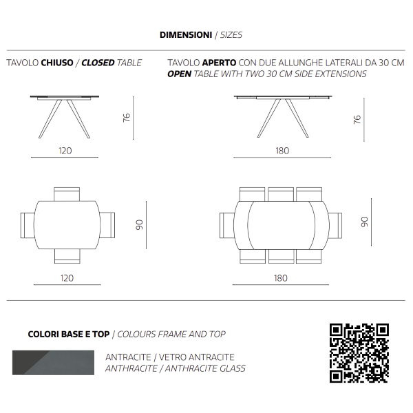 Extendable table 180 cm ACHILLE anthracite glass top