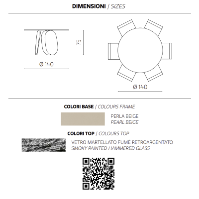 Mesa redonda MAYA140 con base de metal Beige y tapa de cristal ahumado
