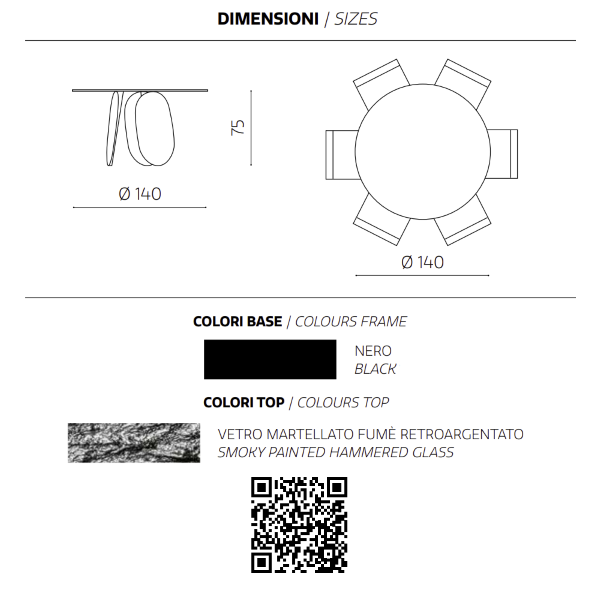 Runder Tisch MAYA140 mit schwarzem Metallgestell und Rauchglasplatte