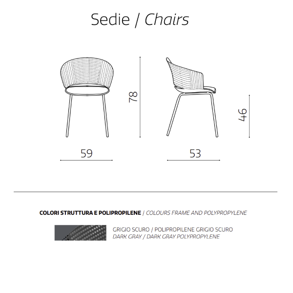 Stuhl aus dunkelgrauem Polypropylen und Polyurethanpolsterung CUTOLO 2 Stühle