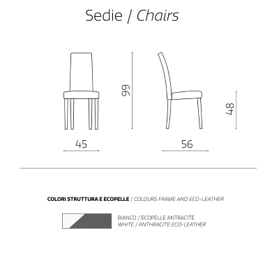 Chaise en éco-cuir ANTHRACITE avec pieds peints BLANC mod. DENVER Ensemble de 2 pièces