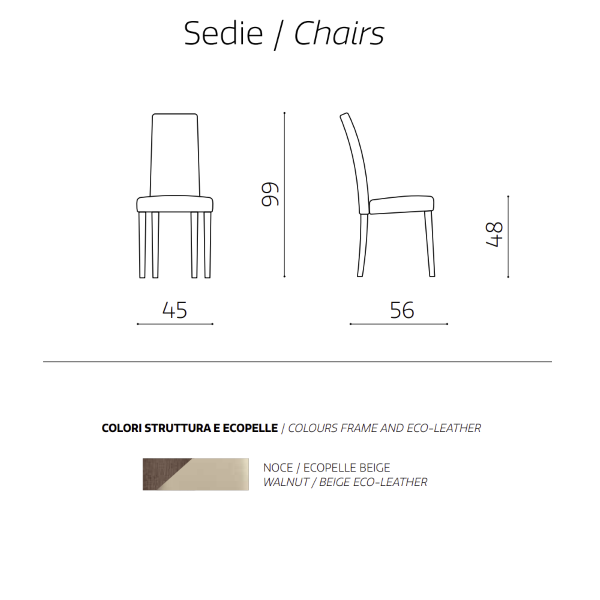 Sedia in ecopelle BEIGE con gambe verniciate NOCE mod. DENVER Set da 2 pezzi