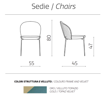 Topazio-Samtstuhl mit goldfarbener Metallstruktur MEGAN 2 Stühle