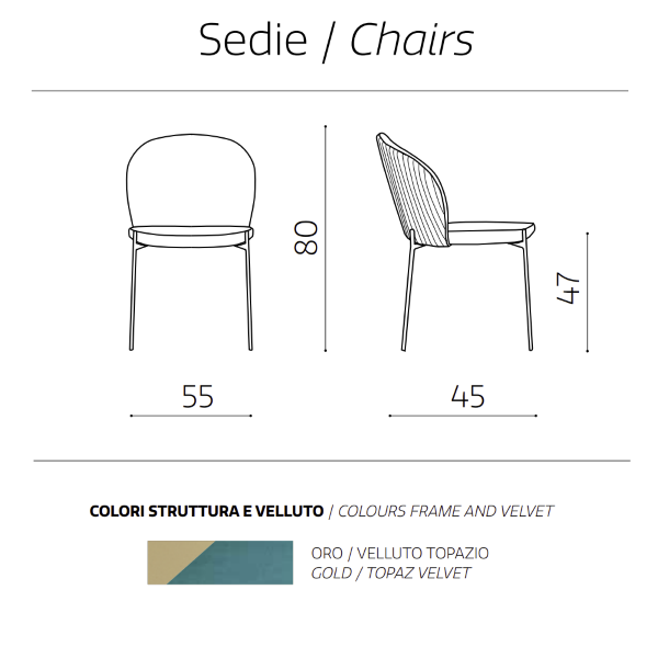 Topazio-Samtstuhl mit goldfarbener Metallstruktur MEGAN 2 Stühle