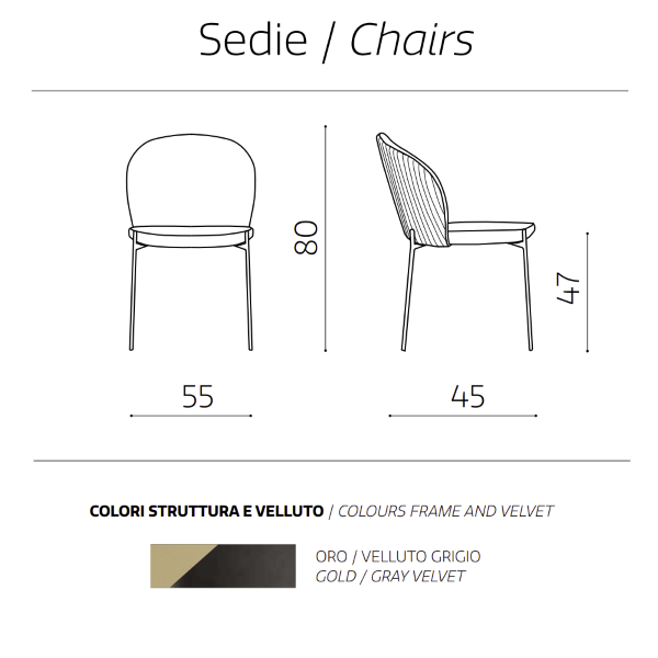 Grauer Samtstuhl mit goldener Metallstruktur MEGAN 2 Stühle