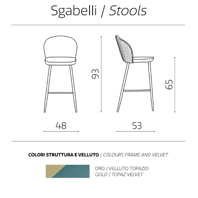 Tabouret velours topaze structure métal doré MEGAN 2 pièces