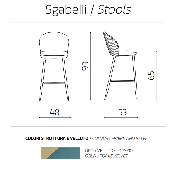 Tabouret velours topaze structure métal doré MEGAN 2 pièces