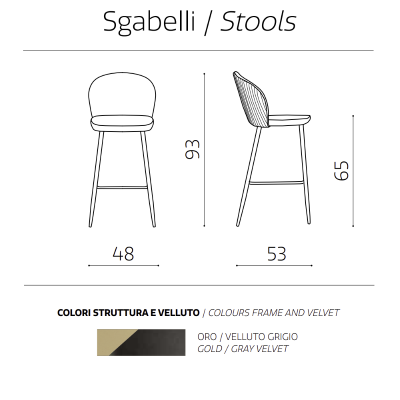 Tabouret en velours gris structure métal doré MEGAN 2 pièces