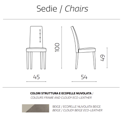 Stuhl aus gewolltem Kunstleder mit 4 seitlichen Knöpfen Holzbeine SIDE Beige 2er Set