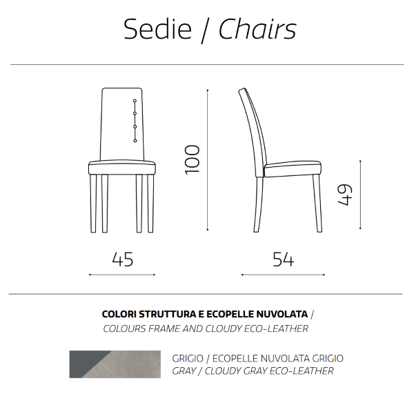 Chaise en éco-cuir Clouded avec 4 boutons latéraux pieds en bois SIDE Grey Set de 2