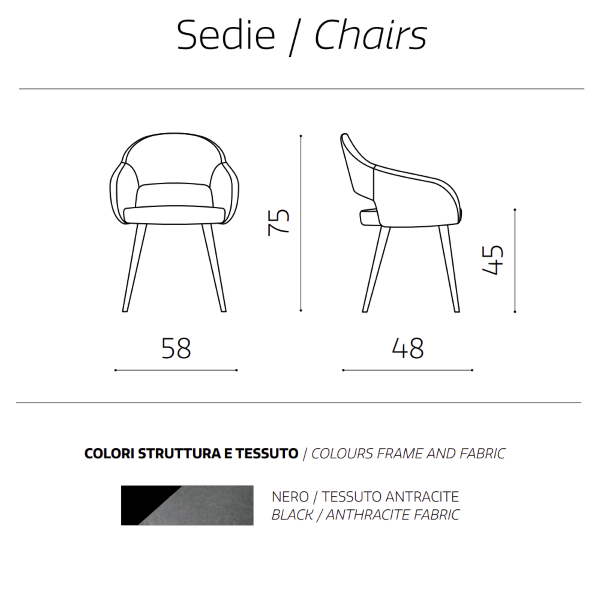Gepolsterter Stuhl aus anthrazitfarbenem Stoff mit Metallstruktur WEST 2 Stühle