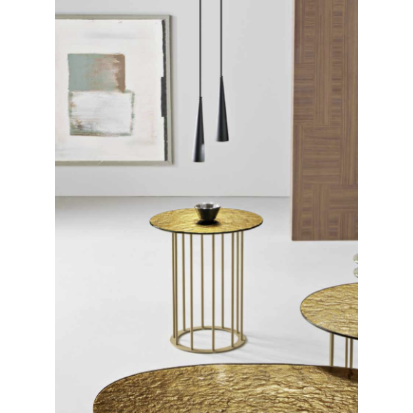 Round coffee table D45 cm with Beige metal base and Amber hammered glass top MUTE