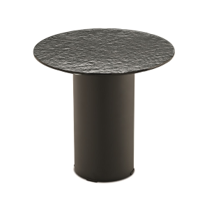 Runder Couchtisch WAYLON 45 mit schwarzem Metallgestell und geräucherter, gehämmerter Glasplatte