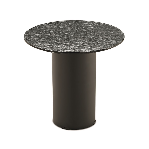Table basse ronde WAYLON 45 avec piètement en métal noir et plateau en verre martelé fumé