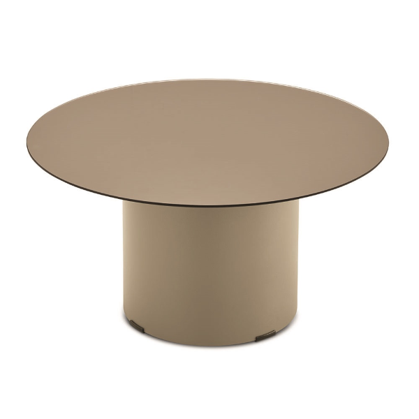 Runder Couchtisch WAYLON 60 mit beiger Metallbasis und bronzefarbener Glasplatte