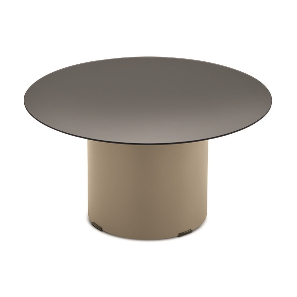 WAYLON 60 round coffee table with Beige metal base and Smoked glass top