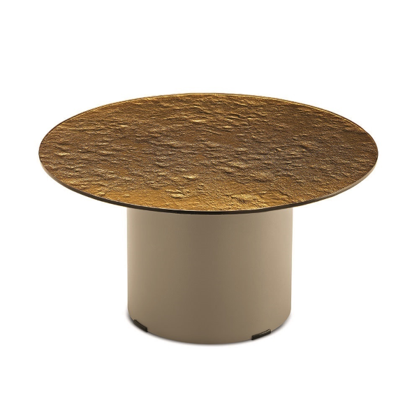 WAYLON 60 round coffee table with Beige metal base and Amber hammered glass top