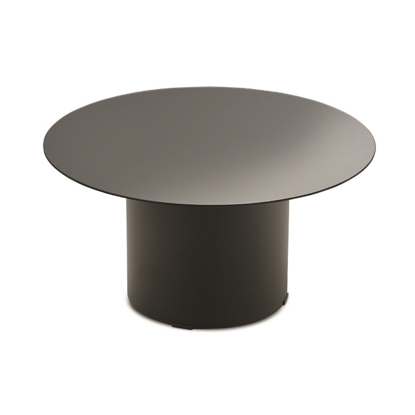 Table basse ronde WAYLON 60 avec piètement en métal noir et plateau en verre fumé