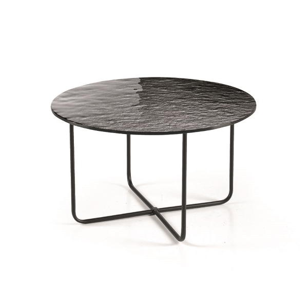 Runder Couchtisch mit Platte aus gehärtetem Glas in geräucherter Hammerschlag-Optik JON 60