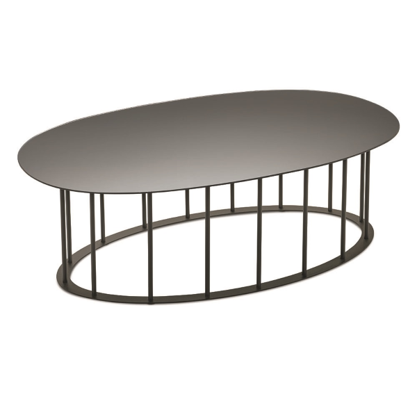 D90 cm coffee table with black metal base and MUTE smoked glass top
