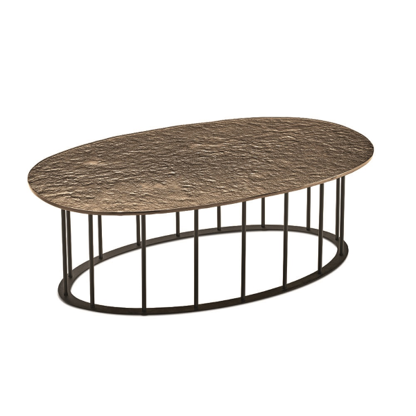 Couchtisch D90 cm mit schwarzem Metallgestell und gehämmerter Glasplatte MUTE Bronze