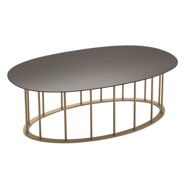 D90 cm coffee table with Beige metal base and MUTE Fumè glass top