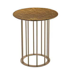 Runder Couchtisch, D45 cm, mit beiger Metallbasis und bernsteinfarbener, gehämmerter Glasplatte MUTE