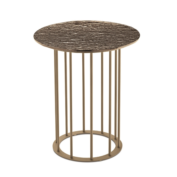 Runder Couchtisch, D45 cm, mit beiger Metallbasis und bronzefarbener gehämmerter Glasplatte MUTE