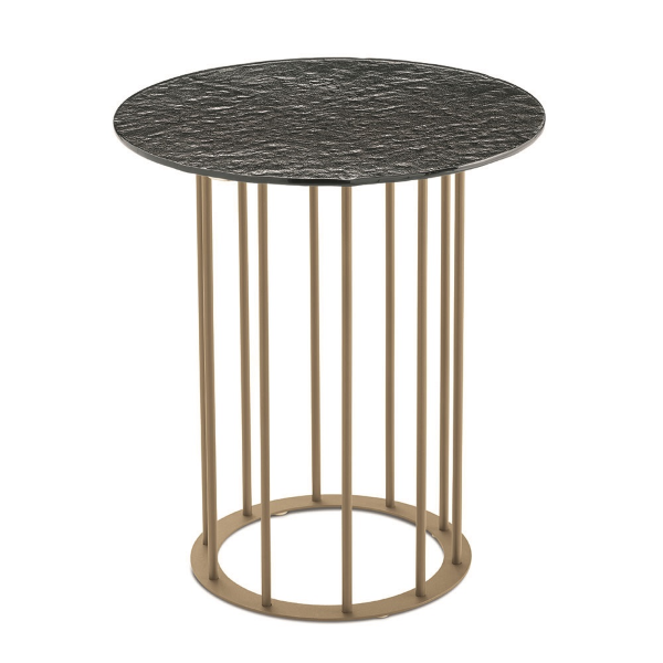 Runder Couchtisch, D45 cm, mit beiger Metallbasis und Fumè-Hammerglasplatte MUTE